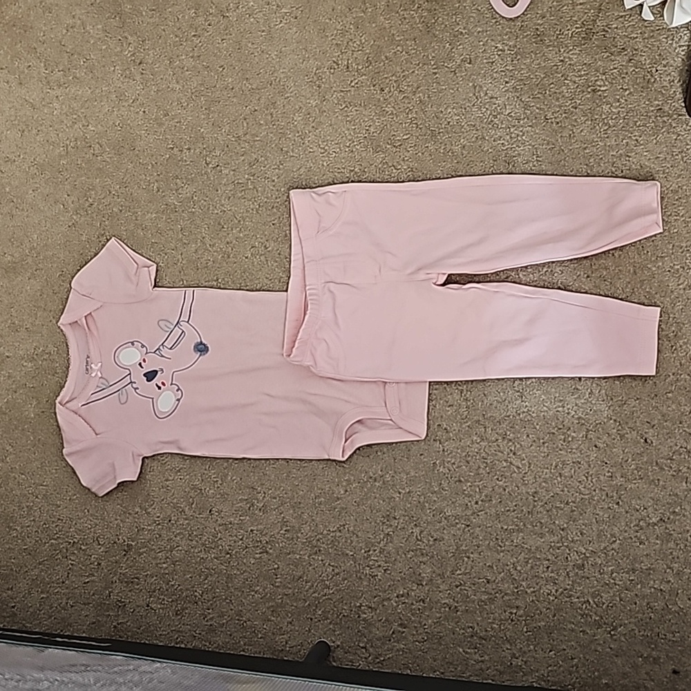2 piece Carter's 12m set. Pink short sleeved koalabear one-sie, and pink pants.